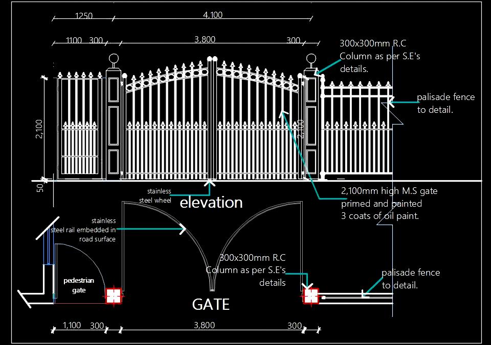 Main Gate, Pedestrian Gate & Fence CAD Design in AutoCAD